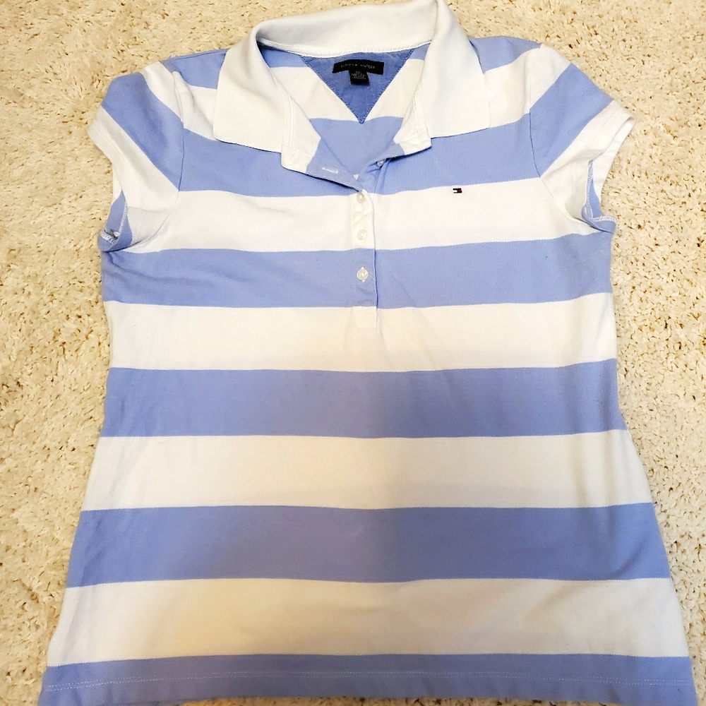 Tommy Hilfiger Blue and White Collared Polo Top